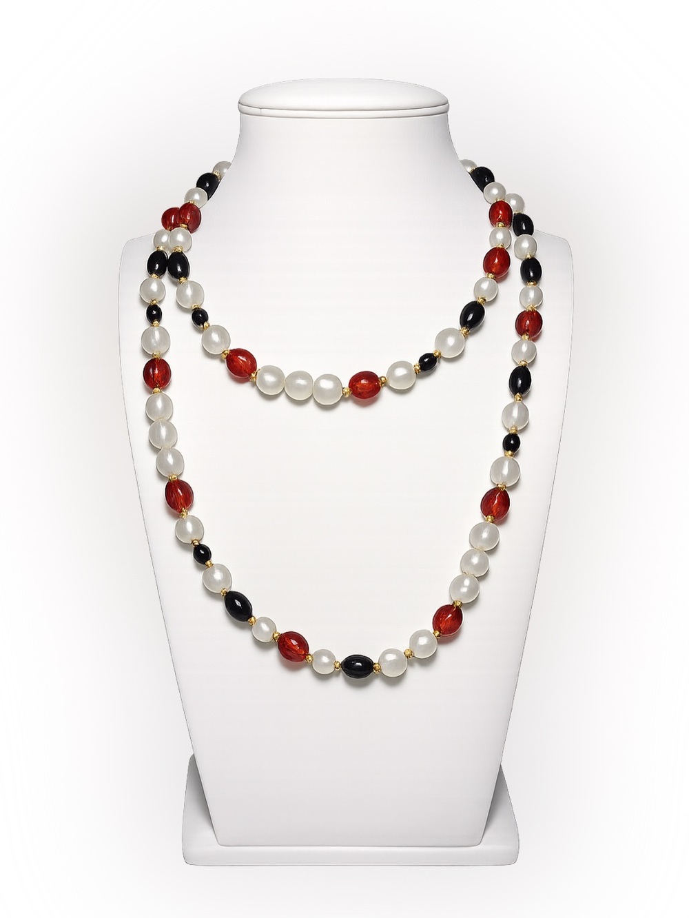 Monet Vintage 34” Acrylic Beaded Necklace Black White Red Gold Tone